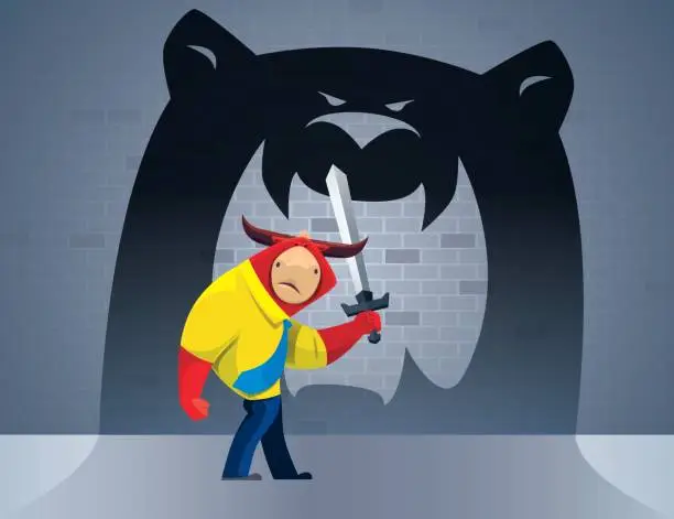 Vector illustration of businessman bull defending bear