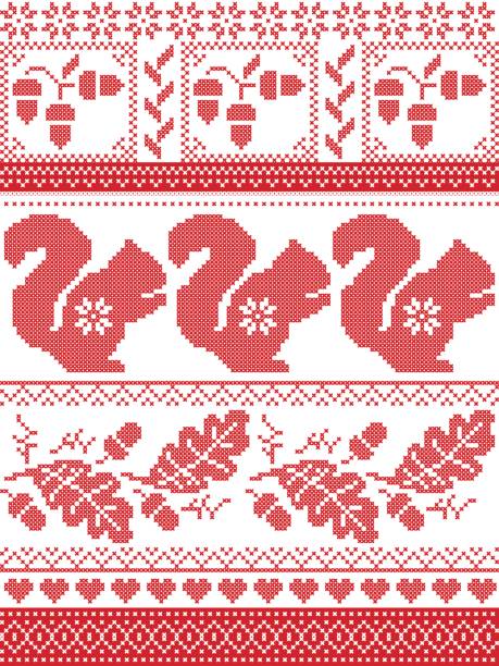 ilustrações de stock, clip art, desenhos animados e ícones de scandinavian and norwegian christmas culture inspired festive winter pattern in cross stitch with squirrel, acorn, oak leaf, love heart , snowflake, square tiles ornaments in red and white - oak leaf oak tree acorn season