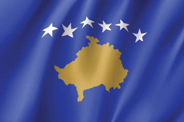 Kosovo national flag vector illustration Waving flag of the Republic of Kosovo, partially recognised state in Southeastern Europe, blue field with a map in gold, surmounted by six white stars, in the centre. Vector flat style illustration kosovo stock illustrations