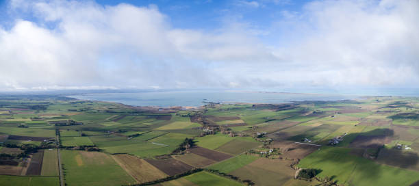 Canterbury plains, New Zealand showing Lake Ellesmere and farmland. stock photo