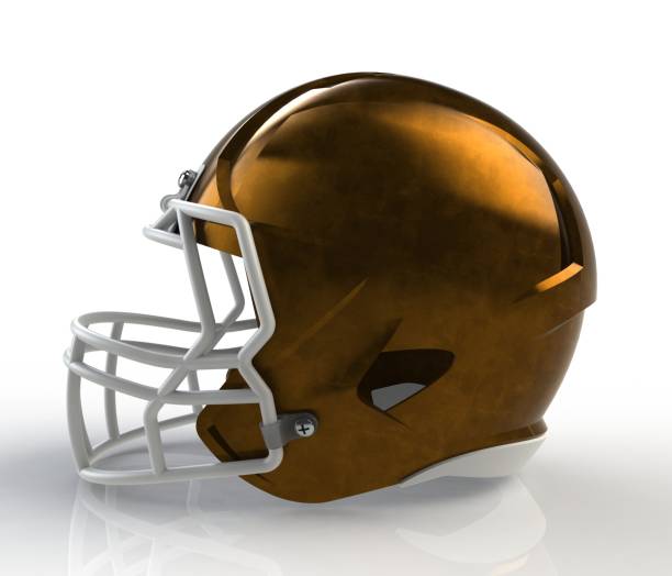 istock Brown brushed galvanized american football helmet side view on a white background with detailed clipping path, 3D rendering 803721264