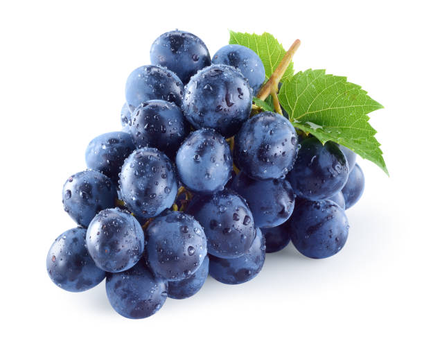 istock Dark blue grape with leaves isolated on white background. Wet fruit. With clipping path. Full depth of field. 803721408