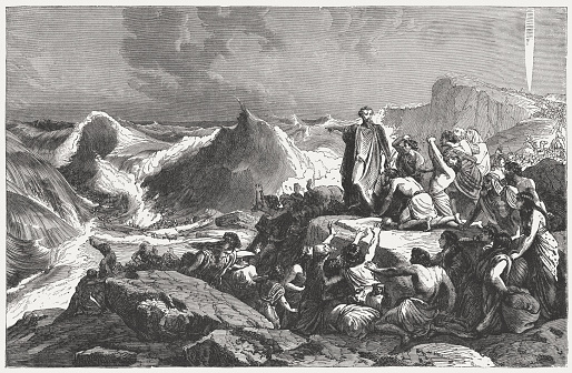 Pharaoh's downfall in the Red Sea (Exodus 14). Wood engraving, published in 1886.