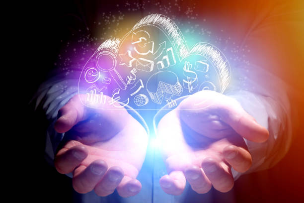 istock Concept of cloud storage icon flying out hands of a man - technology concept 803738310