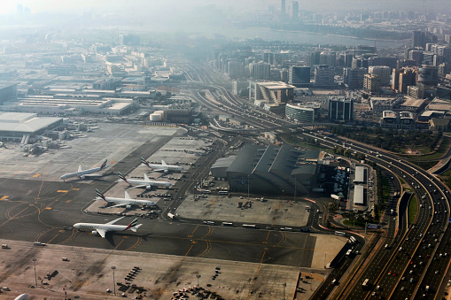 Dubai, United Arab Emirates - January 16, 2016: Emirates Airbus A380 parked at Dubai International Airport . Emirates is an airline based in Dubai.