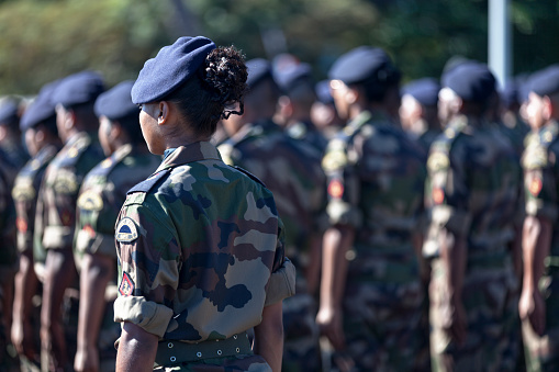 Saint-Paul, La Réunion - June 28 2017: Battalion of French soldiers of the RSMA parading during a monthly ceremony rewarding the young soldiers.