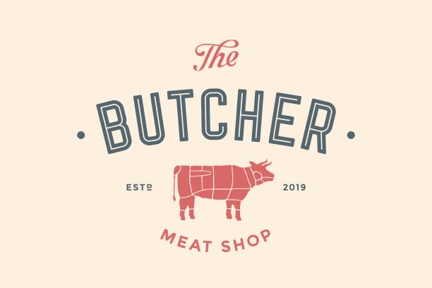 도살 고기가 게의 레이블 - industry food butcher butchers shop stock illustrations