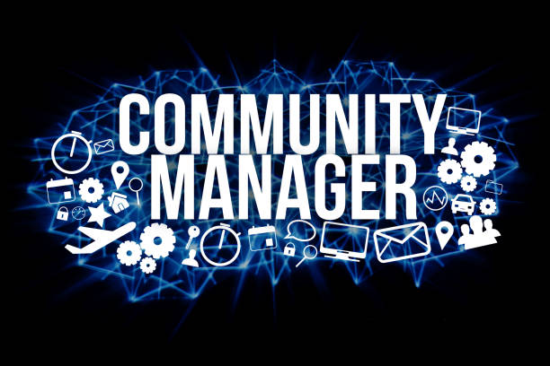 istock Community manager title isolated on a background and surounded by multimedia icons - Internet concept 803757648