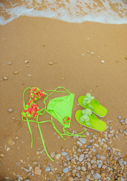istock Swimsuit and flip flops on the sand 803762118