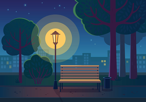 Vector illustration of public park with town building background, path, bench and glowing street lamp in night time.