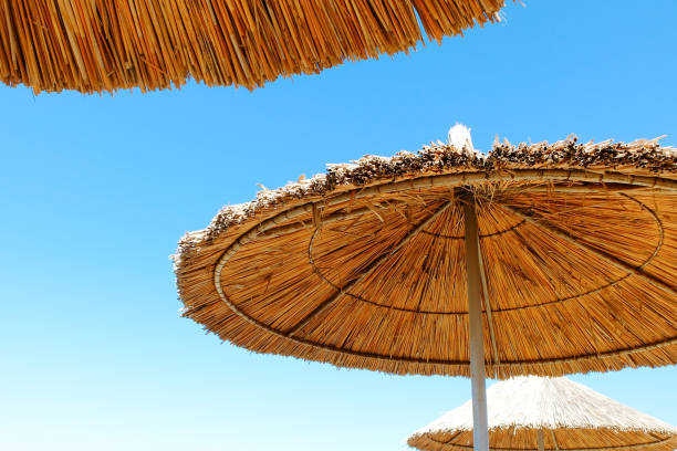 istock Three beach umbrellas made of straw at blue sky background 803804938