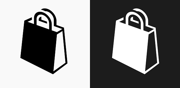 Shopping Bag Icon on Black and White Vector Backgrounds. This vector illustration includes two variations of the icon one in black on a light background on the left and another version in white on a dark background positioned on the right. The vector icon is simple yet elegant and can be used in a variety of ways including website or mobile application icon. This royalty free image is 100% vector based and all design elements can be scaled to any size.