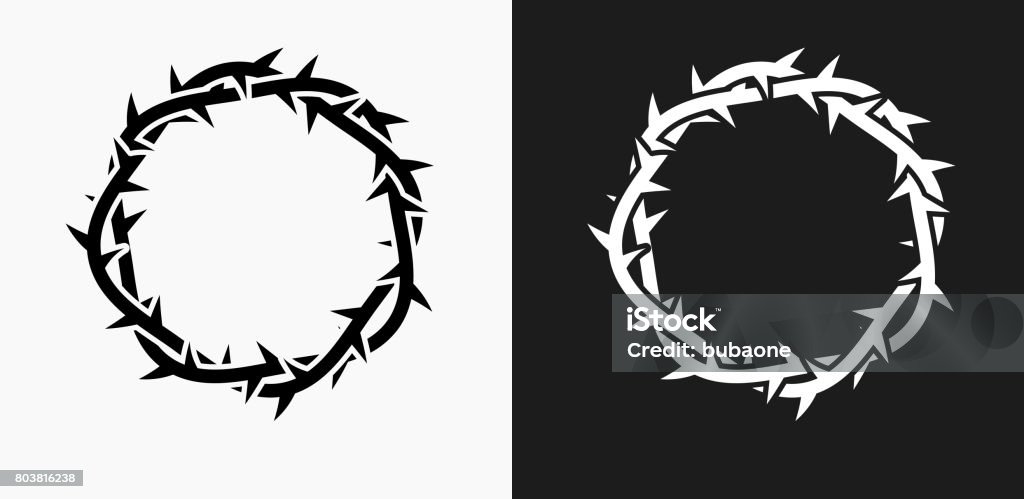 Jesus Christ Thorn Crown Icon on Black and White Vector Backgrounds Jesus Christ Thorn Crown Icon on Black and White Vector Backgrounds. This vector illustration includes two variations of the icon one in black on a light background on the left and another version in white on a dark background positioned on the right. The vector icon is simple yet elegant and can be used in a variety of ways including website or mobile application icon. This royalty free image is 100% vector based and all design elements can be scaled to any size. Icon Symbol stock vector