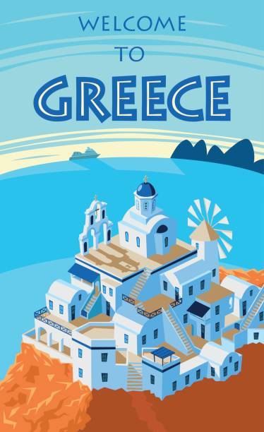 ilustraciones, imágenes clip art, dibujos animados e iconos de stock de pueblo de la isla griega santorini paisaje - greece greek islands town village