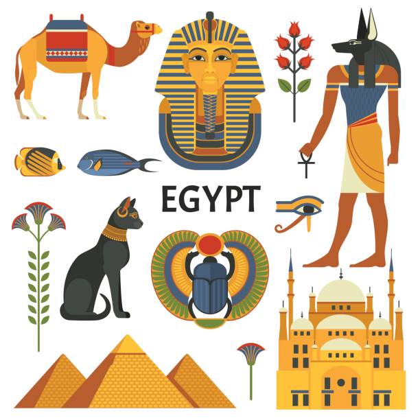 Egypt icons set. Vector collection of Egyptian culture and nature images, including pyramids, Anubis, Bastet, camel, Tutankhamen, scarab and mosque. Isolated on white. egypt stock illustrations
