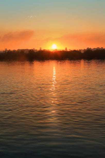 istock Sun setting along the Nile River with golden water and sky 803837648