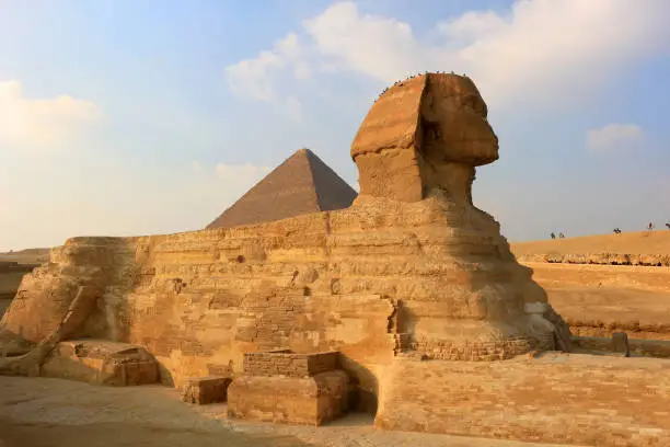 The Sphinx with the likeness of Khafre and a lions body at Giza in Egypt