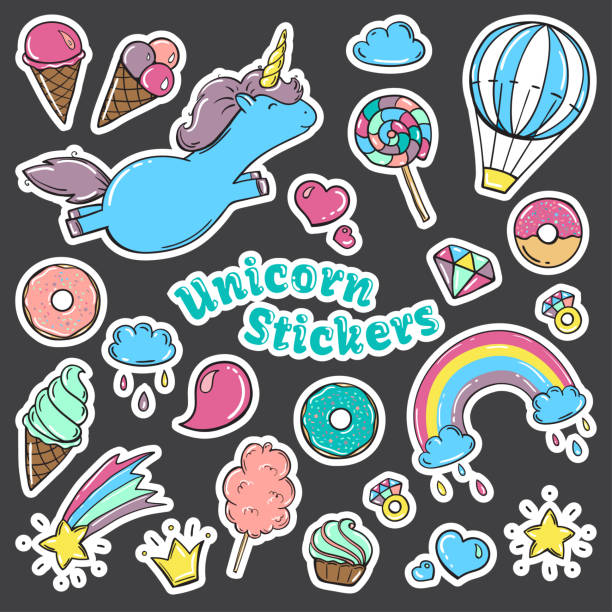 Unicorn sweet set of stickers, pins, patches in cartoon comic style. Rasterized copy Unicorn sweet set of stickers, heart, rainbow, balloon, dessert and other elements. hand drawn illustration. Set of stickers, pins, patches in cartoon comic style. Rasterized copy rasterized stock illustrations