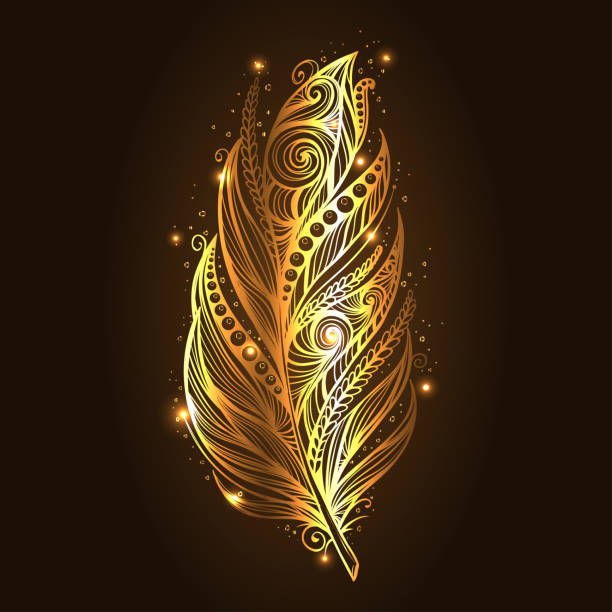 Shiny gold feather over dark background. illustration. Rasterized copy Shiny gold feather over dark background. Glow boho style. illustration. Rasterized copy rasterized stock illustrations
