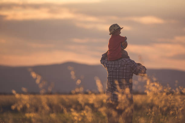 istock Grandfather and grandson on the golden meadow 803858932
