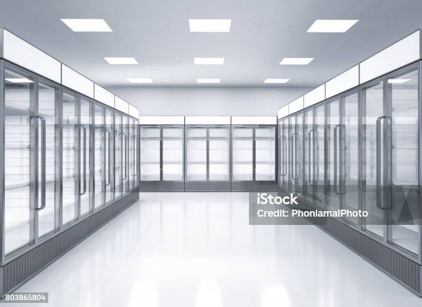 Empty Commercial Fridges In Store Stock Photo - Download Image Now - Supermarket, Refrigerator, Aisle