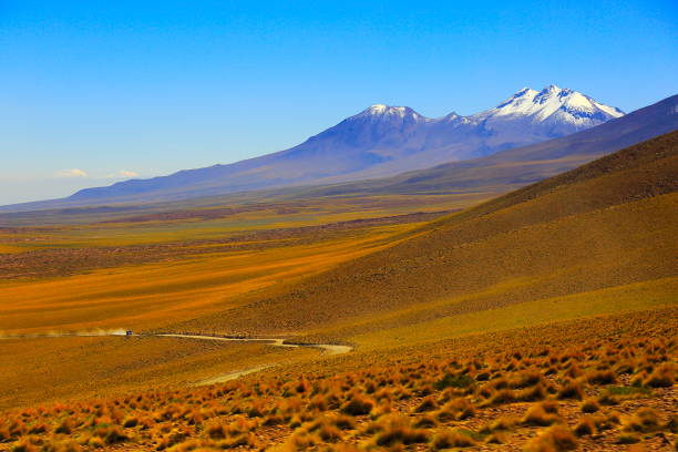 lascar 화산과 목가적인 아타 카마 사막 altiplano, 화산 풍경 파노라마-산 페드로 데 아타 카마, 칠레, bolívia와 아르헨티나 국경 위에 국가 비포장도로 - valley ecuador mountain landscape 뉴스 사진 이미지