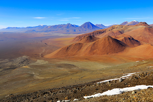 Above Licancabur, Sairecabur and Juriques Volcanoes and Idyllic Atacama Desert altiplano from Lascar Volcano, Llullaillaco, volcanic landscape panorama – San Pedro de Atacama, Chile, Bolívia and Argentina border