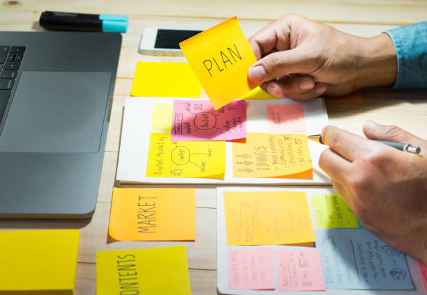 istock Plan marketing text on notepaper with male hand. 803874552