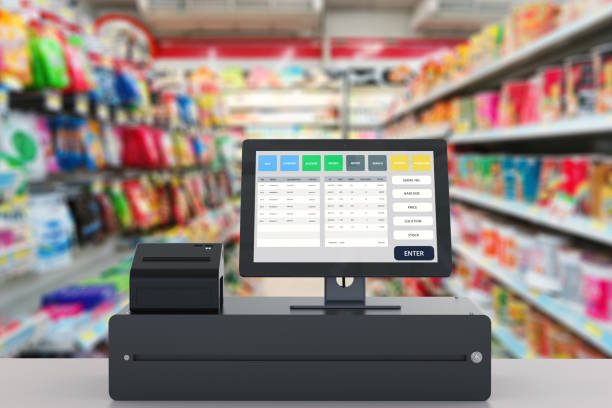 point de vente du système de gestion de magasin - checkout counter cash register retail supermarket photos et images de collection