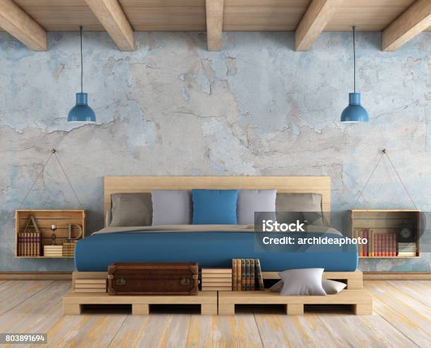 Master Bedroom In A Grunge Room Stock Photo - Download Image Now - Bedroom, Pallet - Industrial Equipment, Bed - Furniture