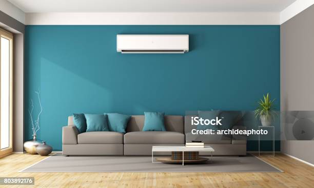 Modern Living Room With Air Conditioner Stock Photo - Download Image Now - Air Conditioner, Living Room, Home Interior