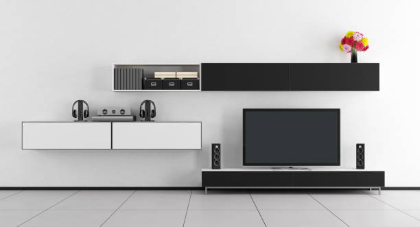 Black and white room with tv unit Black and white room with tv unit and home cinema system - 3d rendering
 dvd player stock pictures, royalty-free photos & images
