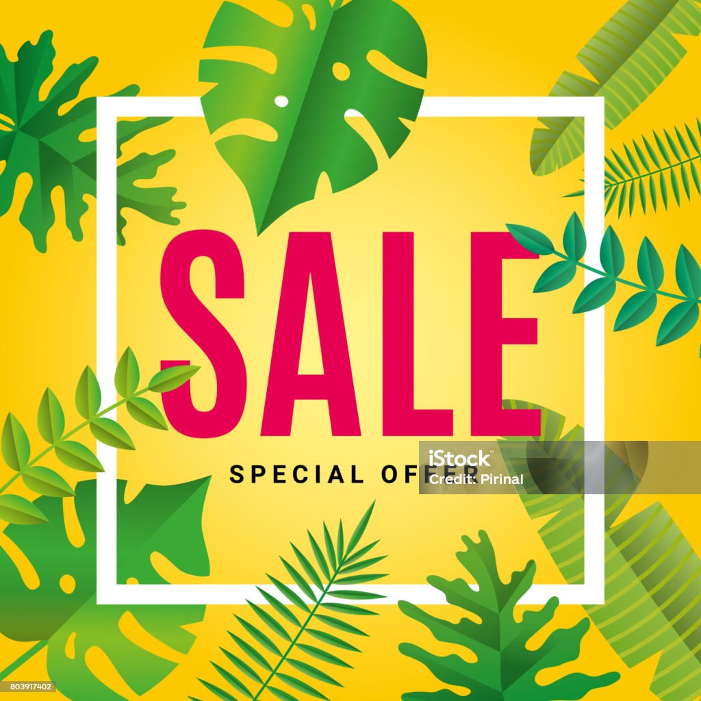 Tropical summer Sale background. Tropical summer Sale background. Sale banner, poster, , web, certificate, gift voucher. Beautiful Palm leaves, jungle leaf. Tropical summer background, season decoration design for flyer Backgrounds stock illustration
