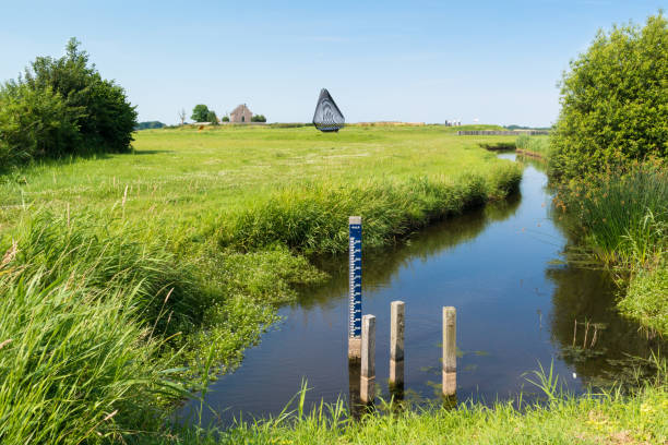 Water level staff gauge in ditch in polder Schokland, Noordoostpolder, Flevoland, Netherlands