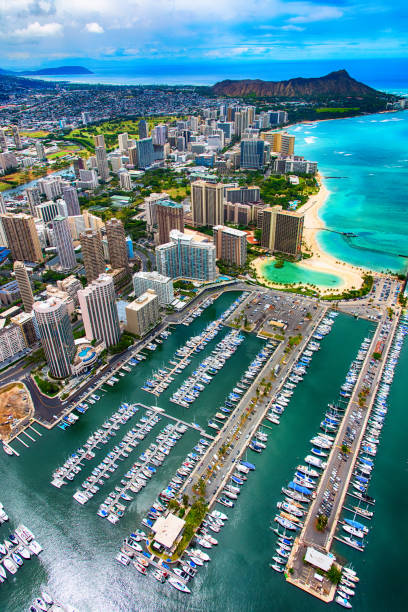 The beautiful coastline Honolulu Hawaii shot from an altitude of about 1000 feet during a helicopter photo flight.