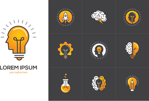 Icons set with brain, light bulb, human head. Creative idea, mind, nonstandard thinking symbols isolated on black background