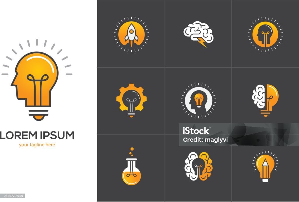 Creative idea icons set with human head, brain, light bulb. Icons set with brain, light bulb, human head. Creative idea, mind, nonstandard thinking symbols isolated on black background Light Bulb stock vector