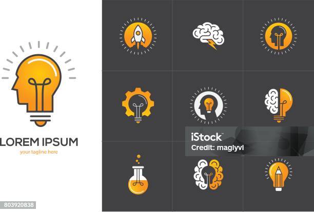 Creative Idea Icons Set With Human Head Brain Light Bulb Stock Illustration - Download Image Now