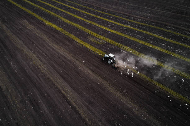 istock Tractor cultivating field at spring, aerial view 803928372