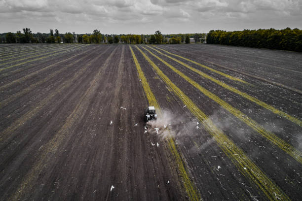istock Tractor cultivating field at spring, aerial view 803930688