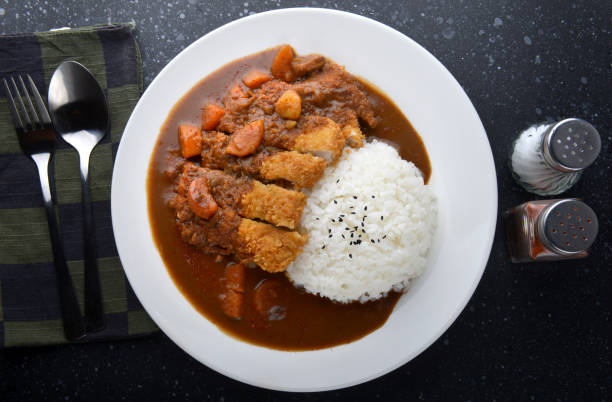 reis mit tiefen gebratenes schweinefleisch und curry. - tonkatsu stock-fotos und bilder