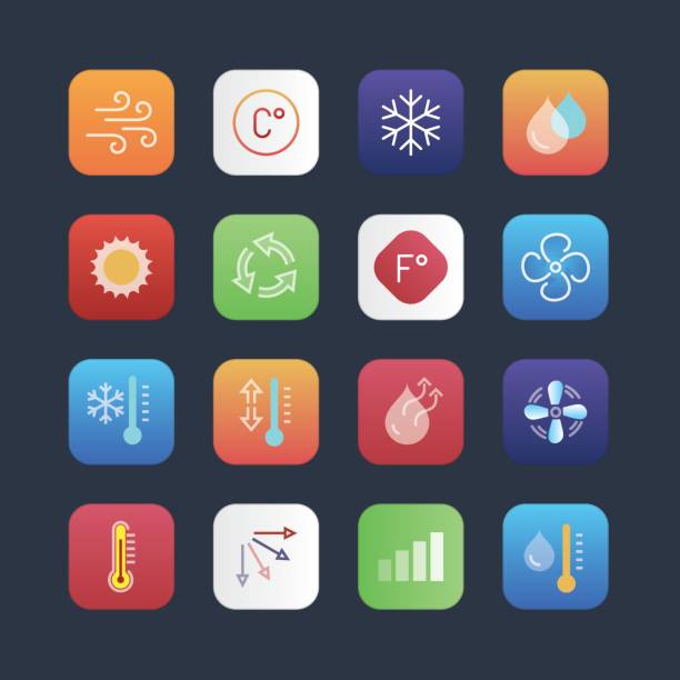Air conditioning icon set for mobile applications Simple set of air conditioning related icons contains such icons as cool humidity heat transfer fluid stock illustrations