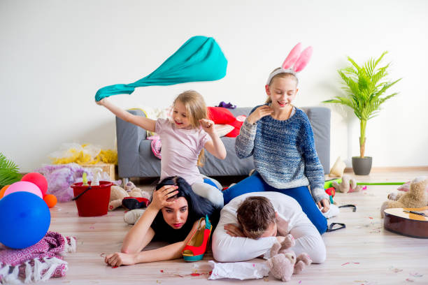 Tired parents and romping kids
