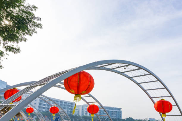 istock The group of red lanterns isolated on blue sky 803944650