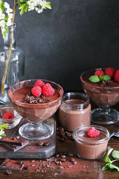 istock Chocolate dessert. Panna cotta, pudding or cream with fresh raspberries. 803952846