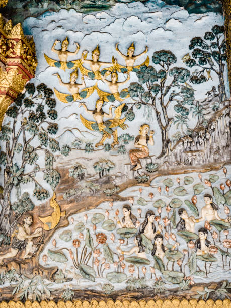 istock Ancient mural carvings in Wat Mahathat facade Luang Prabang Laos 803969150