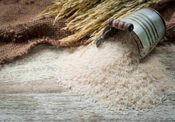 istock white rice and paddy pile on wood background,Selective focus 803987510
