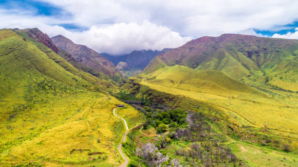 Green lush West Maui Mountains seen from high up in Lahaina, Hawaii stock photo
