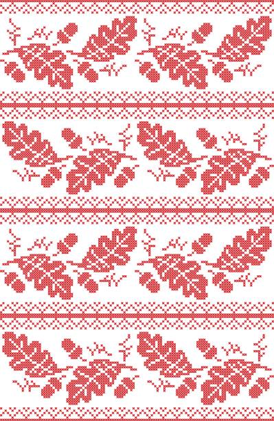 ilustrações de stock, clip art, desenhos animados e ícones de scandinavian and norwegian folk inspired festive autumn seamless pattern in cross stitch with acorn, oak leaf and  ornaments in red and white - oak leaf oak tree acorn season