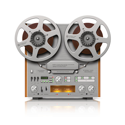 Vector illustration of a Reel-to-reel audio tape recorder. Reel-to-reel or open-reel audio tape recording is the form of magnetic tape audio recording in which the recording medium is held on a reel, rather than being securely contained within a cassette. In use, the supply reel or feed reel containing the tape is mounted on a spindle; the end of the tape is manually pulled out of the reel, threaded through mechanical guides and a tape head assembly, and attached by friction to the hub of a second, initially empty takeup reel.